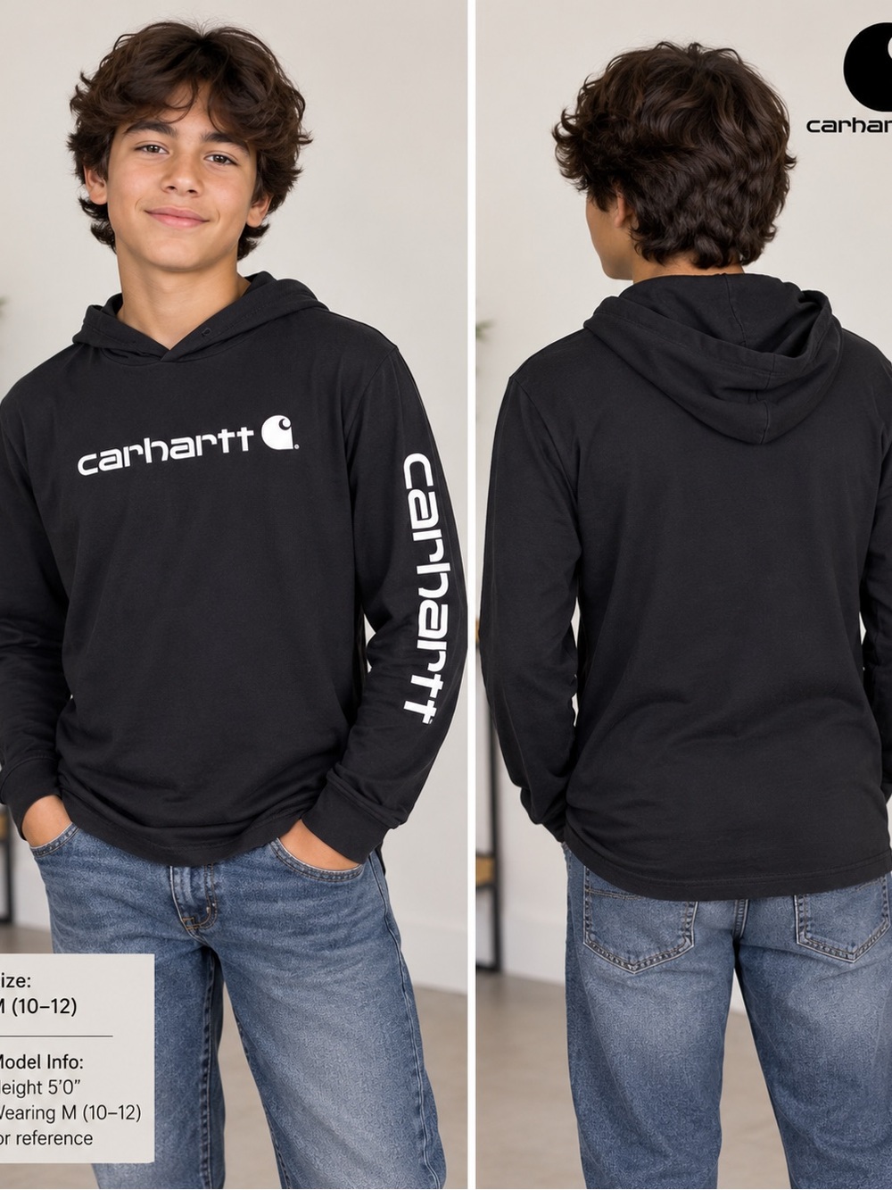 Carhartt Black Hoodie with White Logo and Sleeve Script